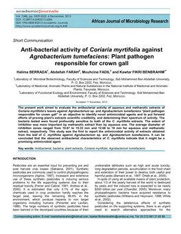 Anti-Bacterial Activity of Coriaria Myrtifolia Against Agrobacterium Tumefaciens: Plant Pathogen Responsible for Crown Gall