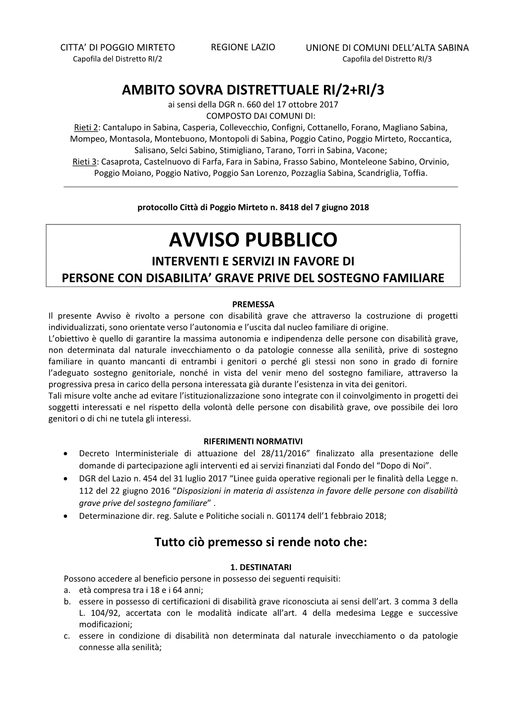 Avviso Pubblico Interventi E Servizi in Favore Di Persone Con Disabilita’ Grave Prive Del Sostegno Familiare