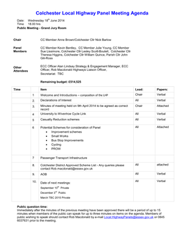 Colchester Local Highway Panel Meeting Agenda