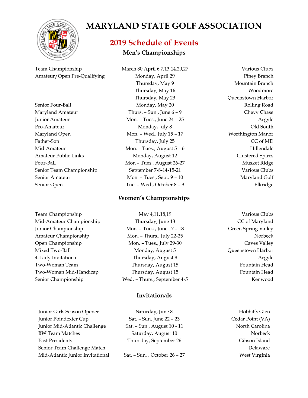 2019 Schedule of Events Men’S Championships