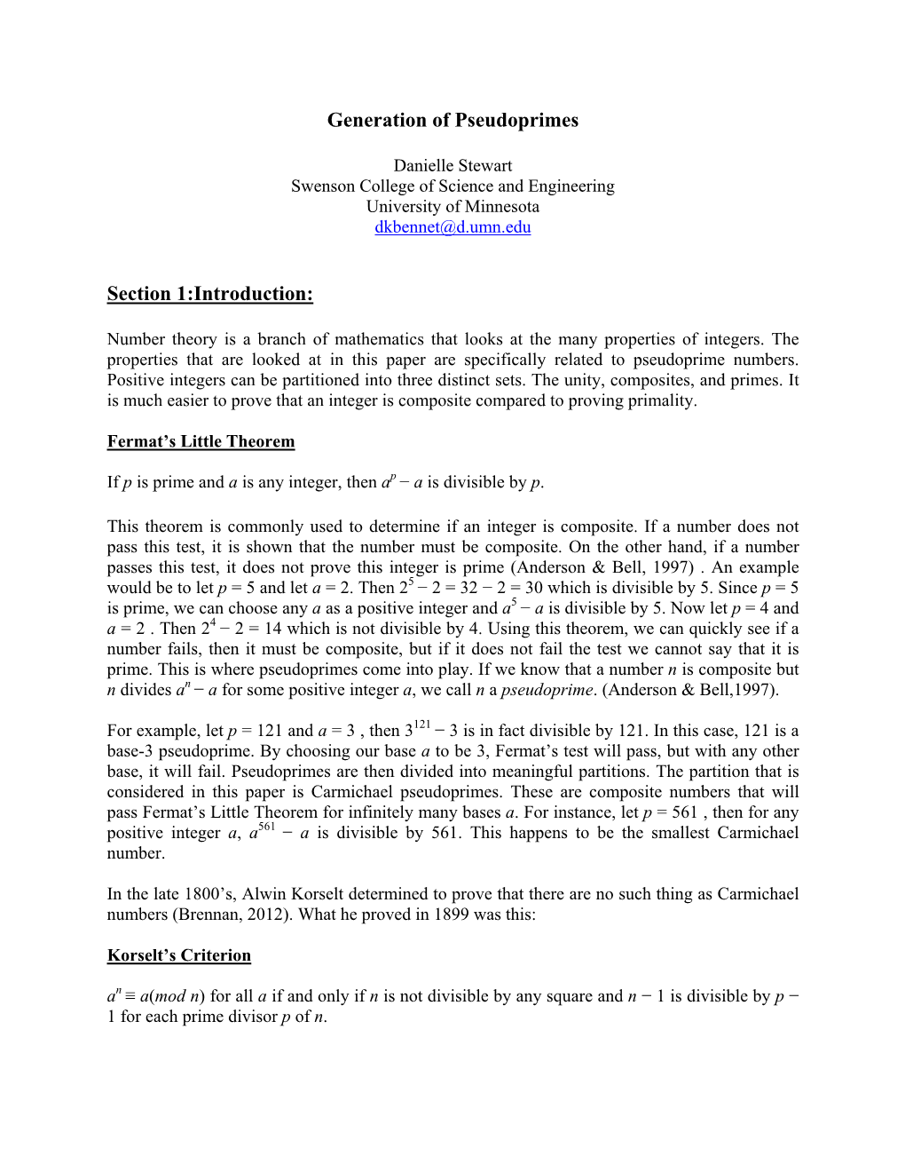 Generation of Pseudoprimes Section 1:Introduction