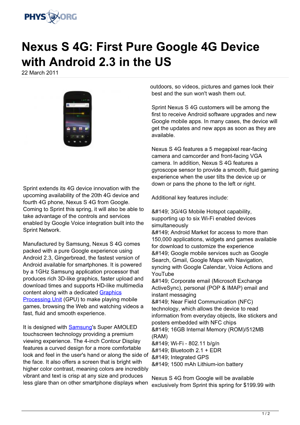 Nexus S 4G: First Pure Google 4G Device with Android 2.3 in the US 22 March 2011