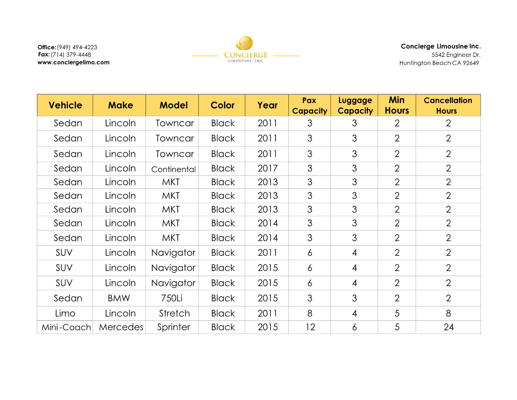 Vehicle Make Model Color Year Min Hours Sedan Lincoln Towncar