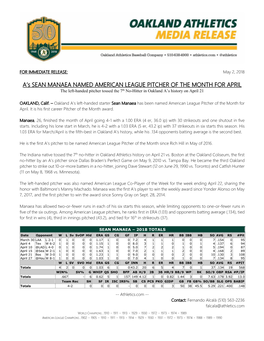 A's SEAN MANAEA NAMED AMERICAN LEAGUE PITCHER OF