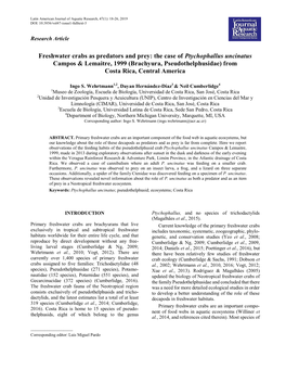 Freshwater Crabs As Predators and Prey: the Case of Ptychophallus Uncinatus Campos & Lemaitre, 1999 (Brachyura, Pseudothelphusidae) from Costa Rica, Central America