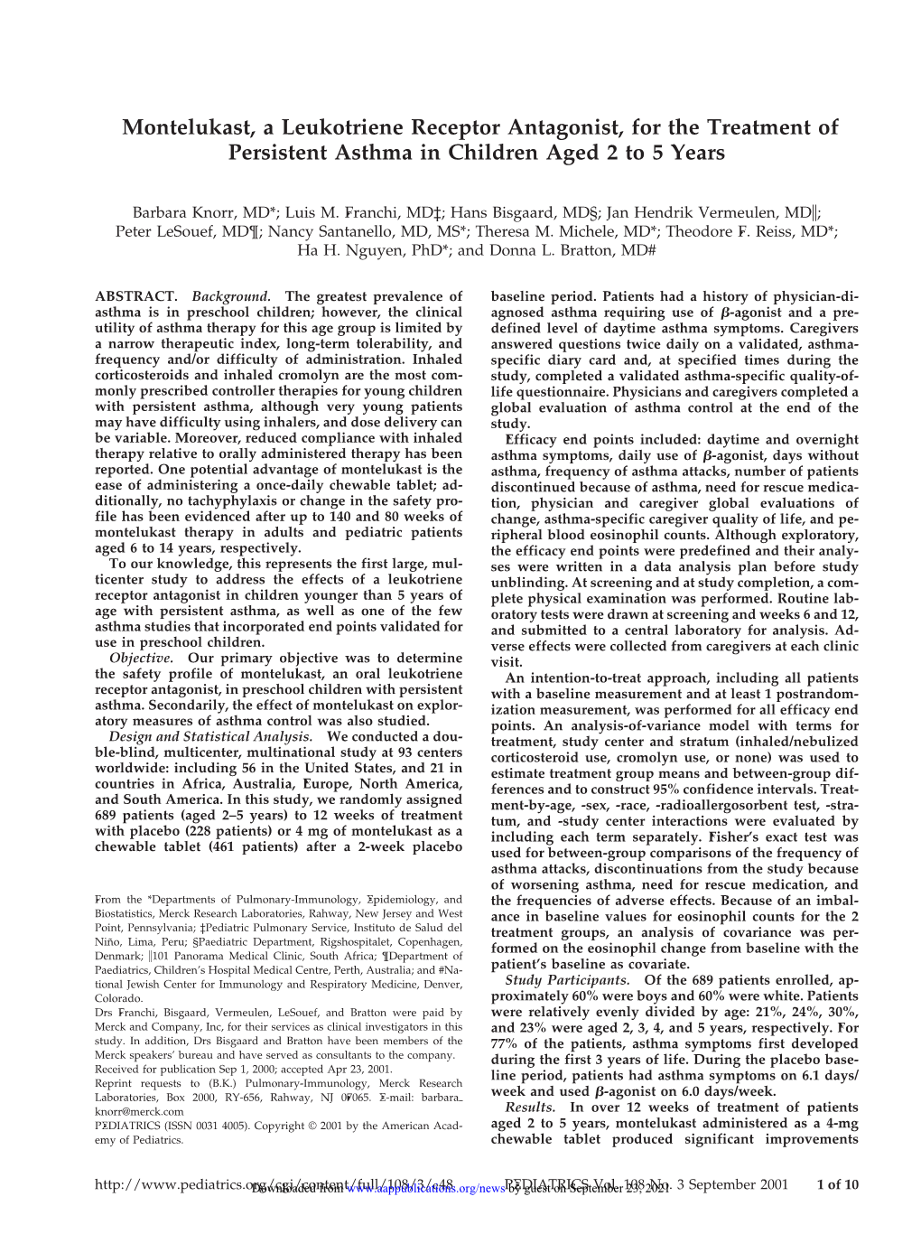 Montelukast, a Leukotriene Receptor Antagonist, for the Treatment of Persistent Asthma in Children Aged 2 to 5 Years