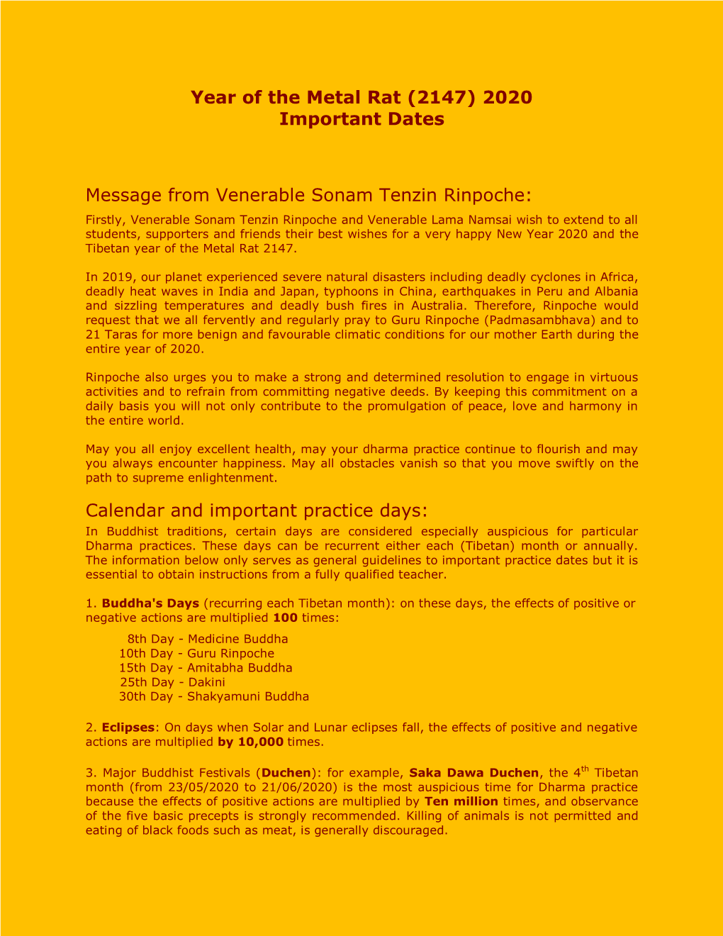 2020 Important Dates Message from Venerable Sonam Tenzin Rinpoche