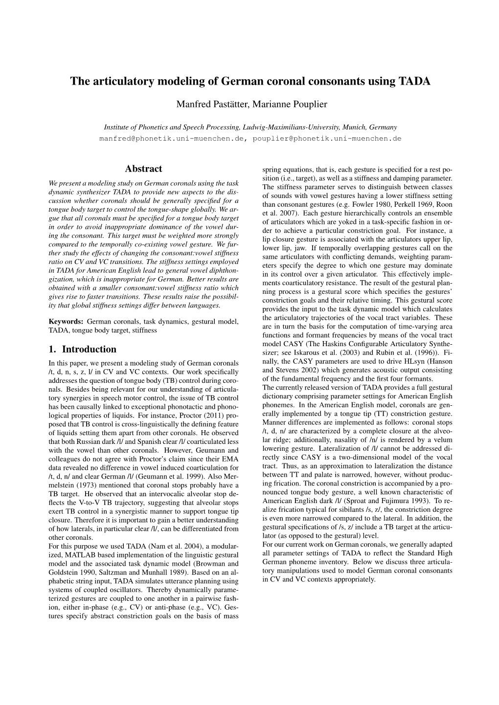 The Articulatory Modeling of German Coronal Consonants Using TADA