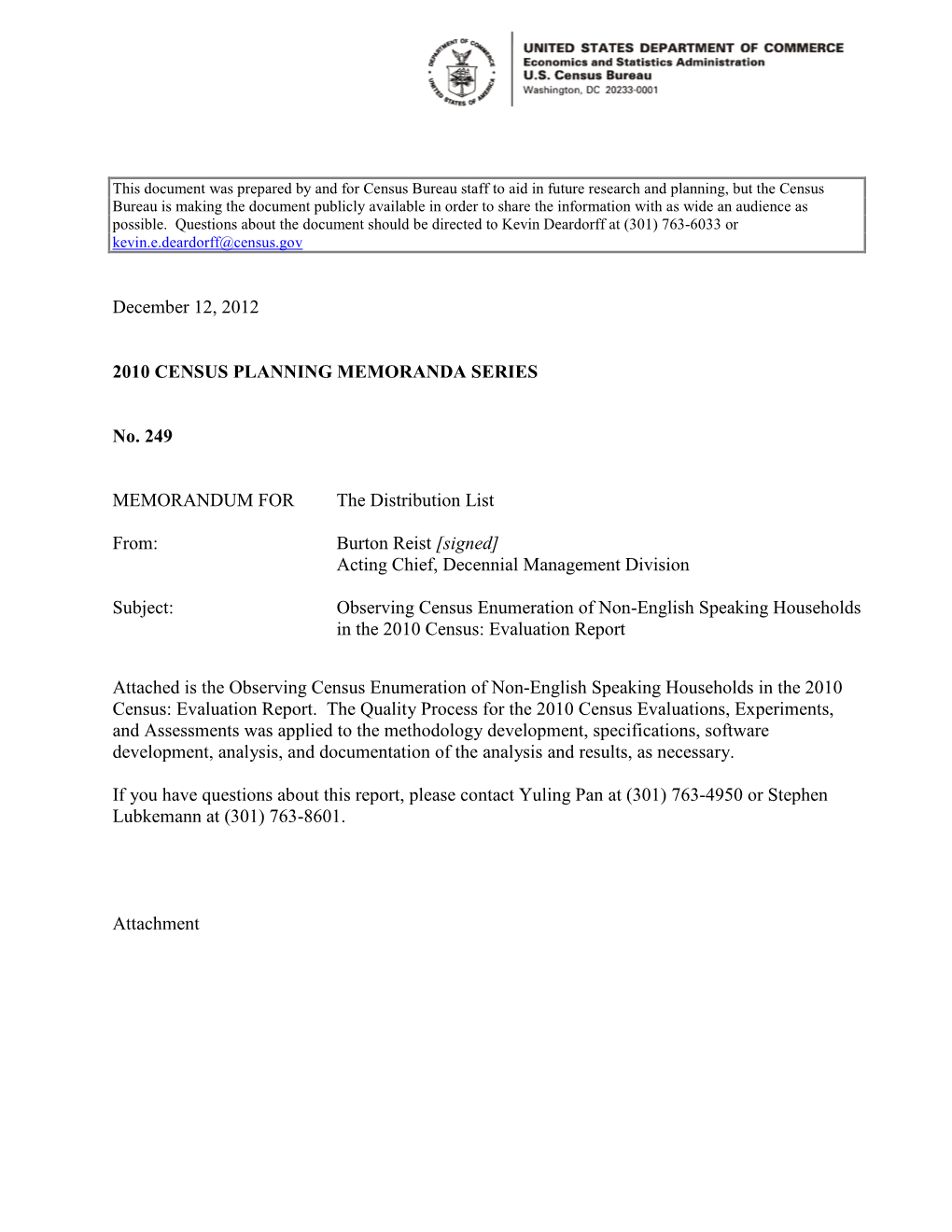 Observing Census Enumeration of Non-English Speaking Households in the 2010 Census: Evaluation Report