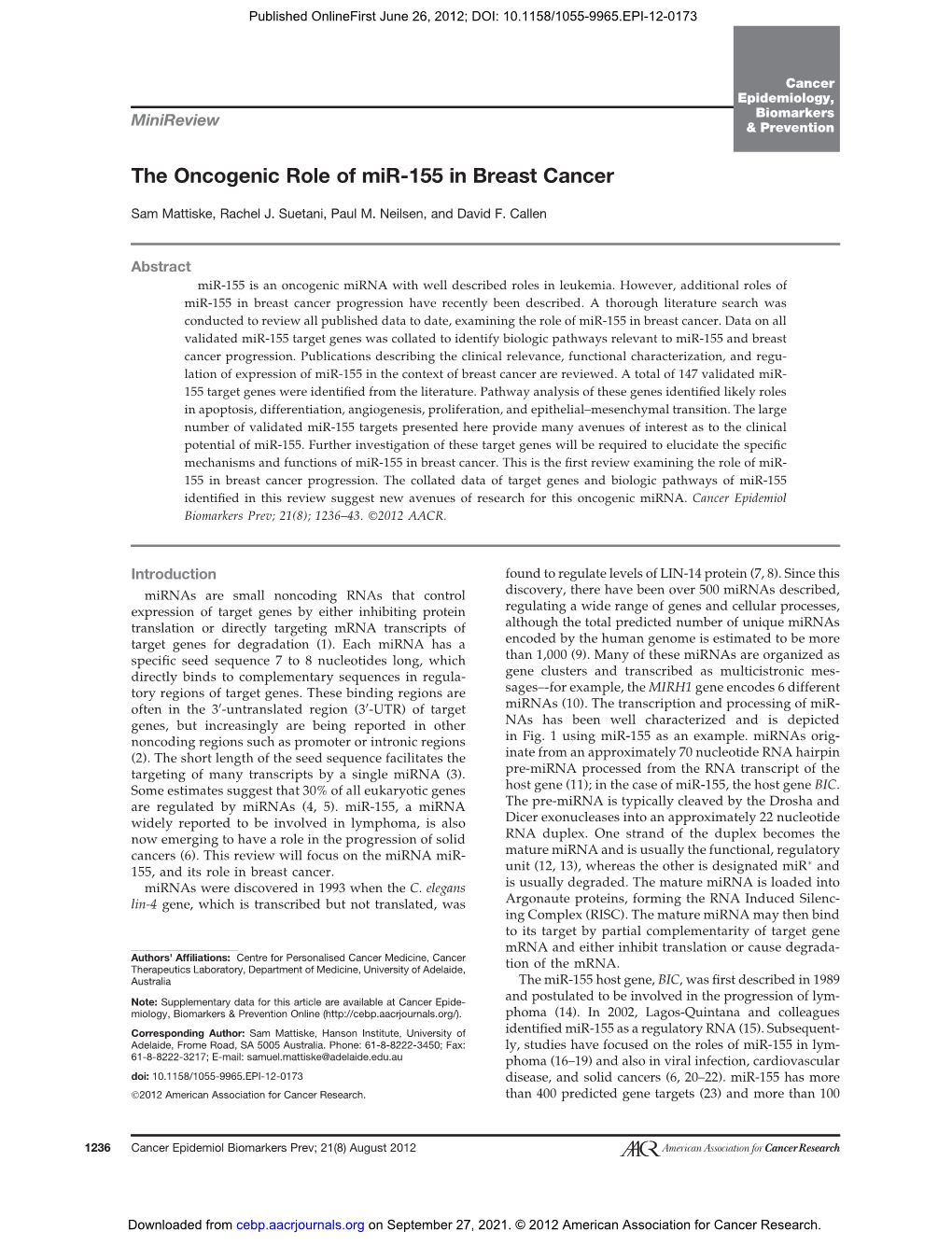 The Oncogenic Role of Mir-155 in Breast Cancer