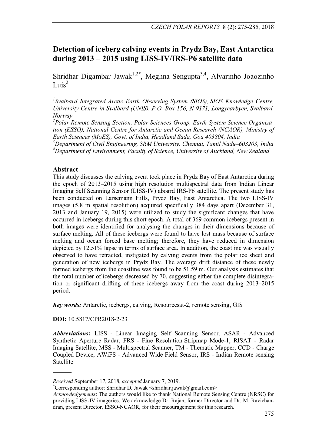 Detection of Iceberg Calving Events in Prydz Bay, East Antarctica During 2013 – 2015 Using LISS-IV/IRS-P6 Satellite Data