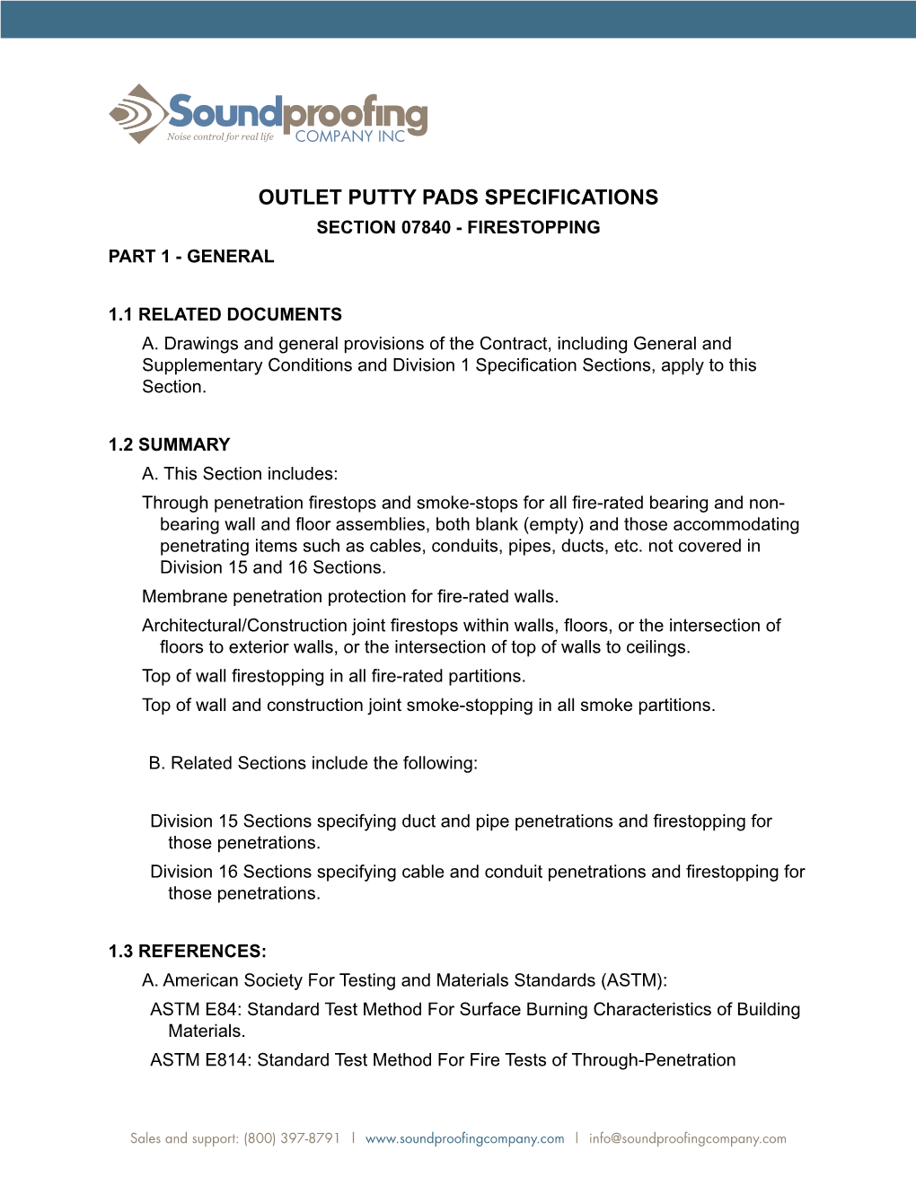 Outlet Putty Pads Specifications Section 07840 - Firestopping Part 1 - General