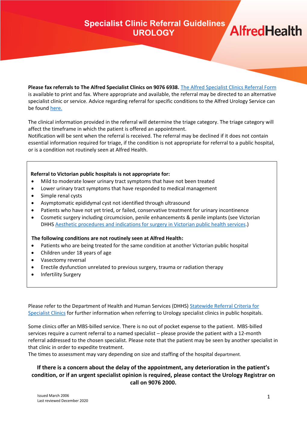 Specialist Clinic Referral Guidelines UROLOGY