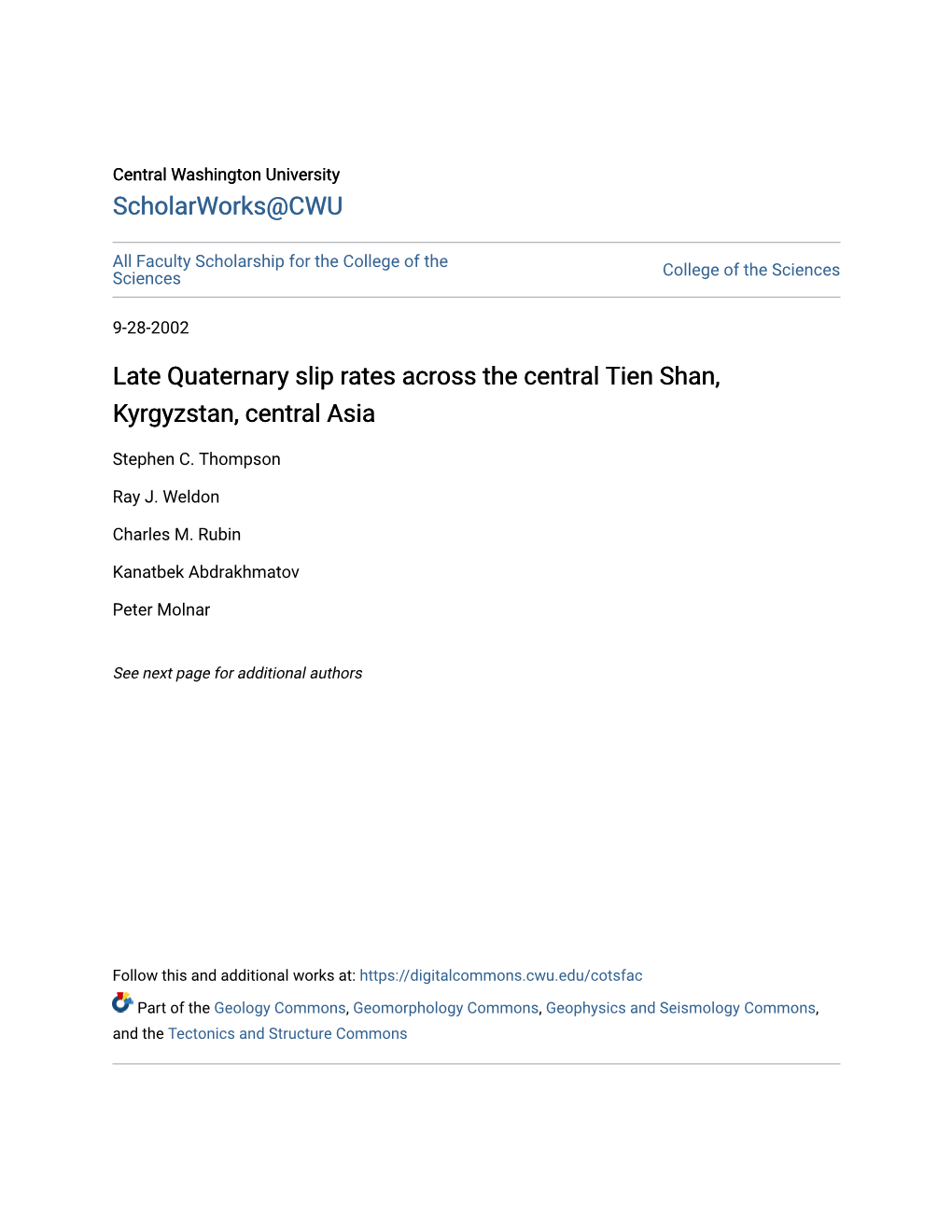 Late Quaternary Slip Rates Across the Central Tien Shan, Kyrgyzstan, Central Asia