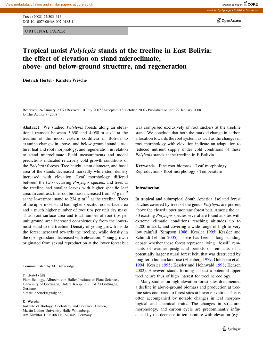 Tropical Moist Polylepis Stands at the Treeline in East Bolivia: the Effect of Elevation on Stand Microclimate, Above- and Below-Ground Structure, and Regeneration