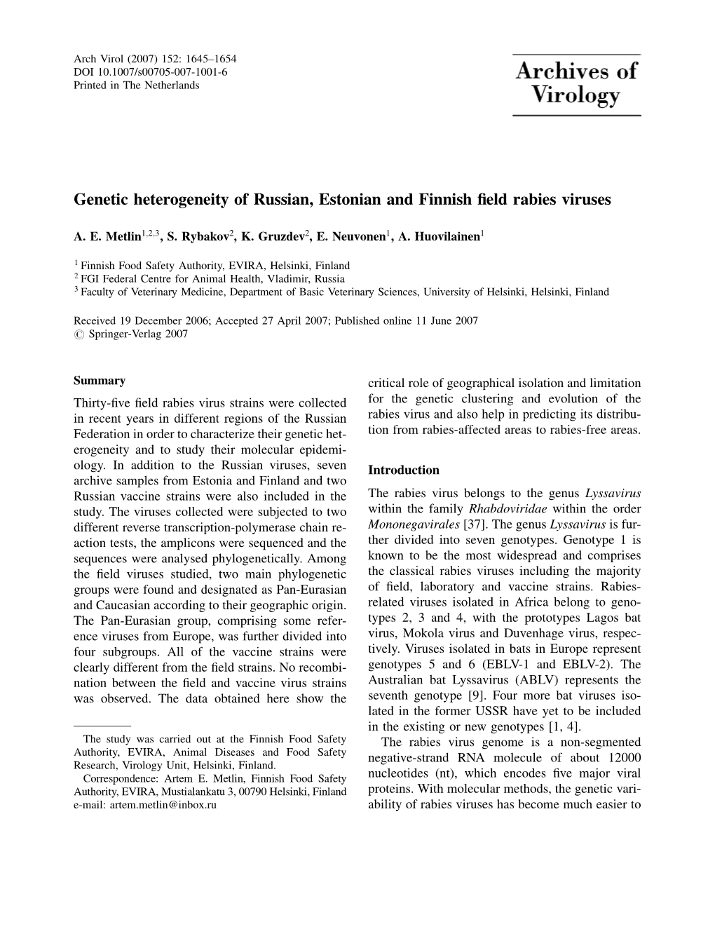 Genetic Heterogeneity of Russian, Estonian and Finnish Field Rabies