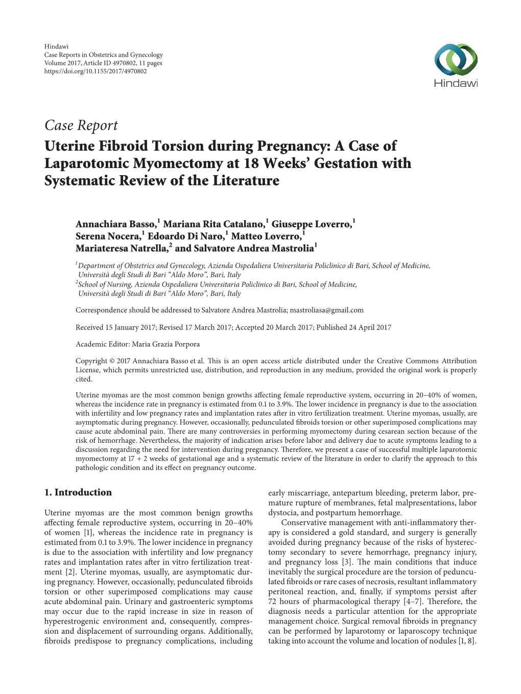 Case Report Uterine Fibroid Torsion During Pregnancy: a Case of Laparotomic Myomectomy at 18 Weeks’ Gestation with Systematic Review of the Literature