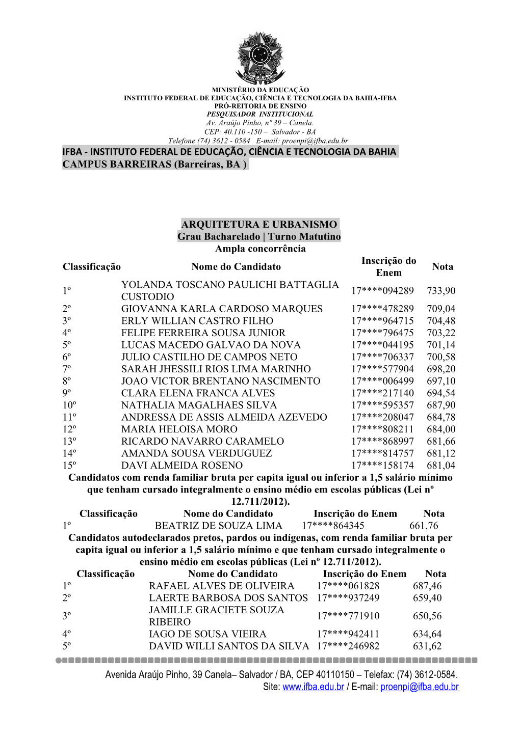 INSTITUTO FEDERAL DE EDUCAÇÃO, CIÊNCIA E TECNOLOGIA DA BAHIA-IFBA PRÓ-REITORIA DE ENSINO PESQUISADOR INSTITUCIONAL Av