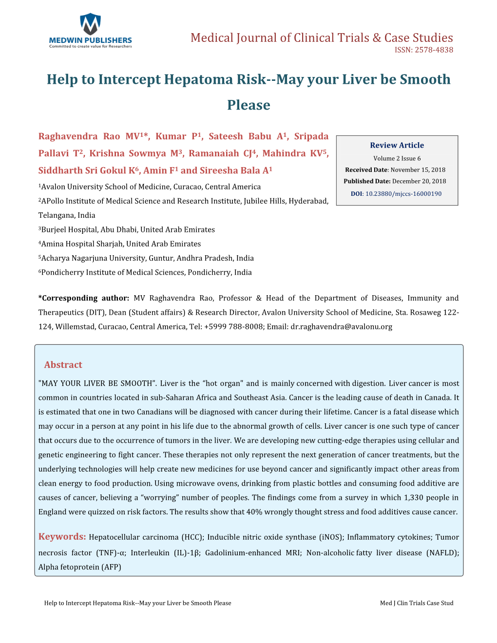 Raghavendra Rao MV, Et Al. Help to Intercept Hepatoma Risk--May Your Liver Be Copyright© Raghavendra Rao MV, Et Al