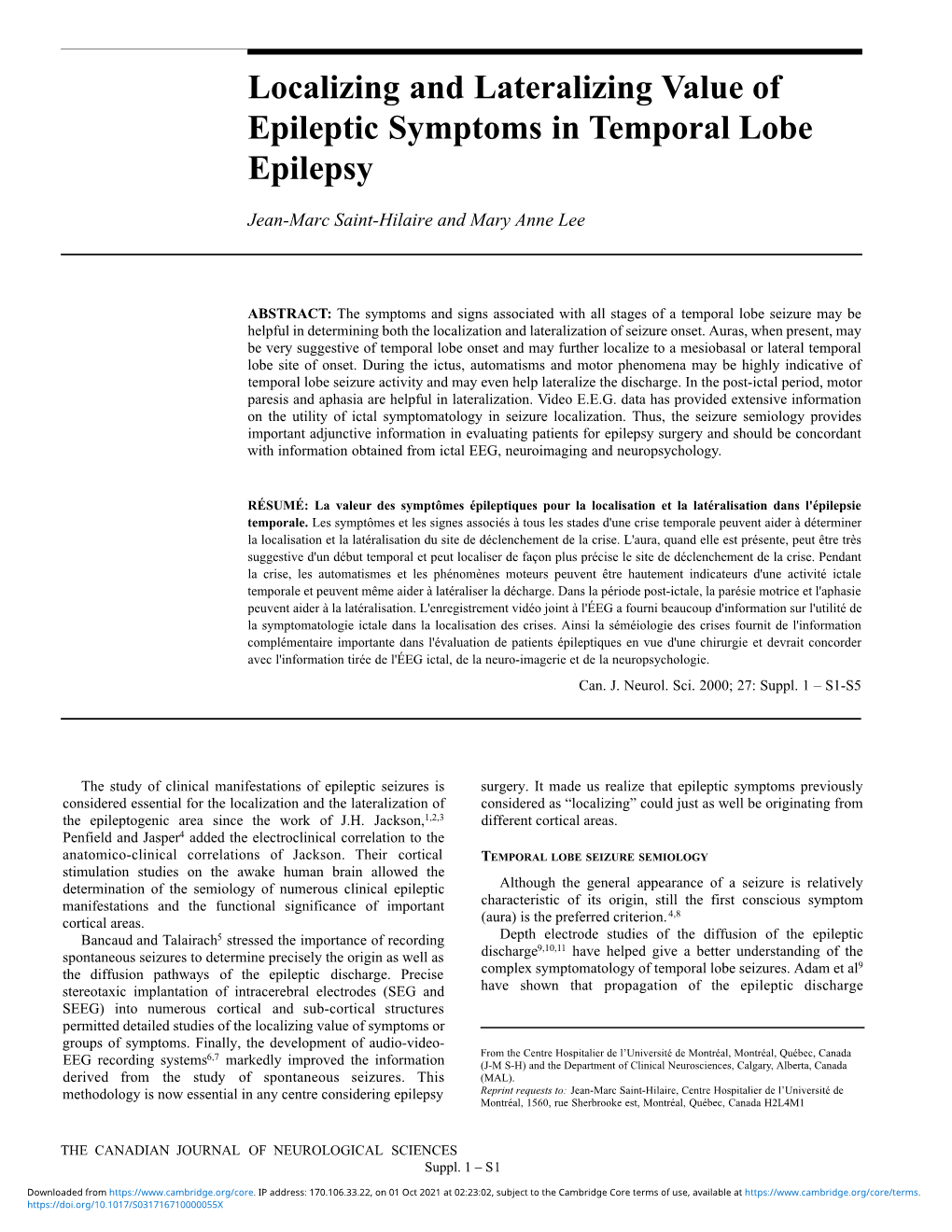 Localizing and Lateralizing Value of Epileptic Symptoms in Temporal Lobe Epilepsy