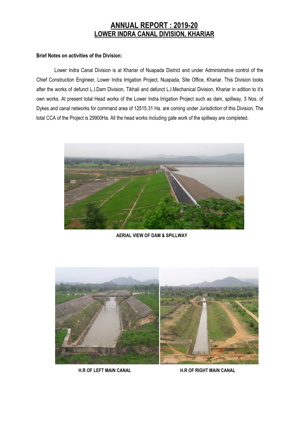 Annual Report : 2019-20 Lower Indra Canal Division, Khariar