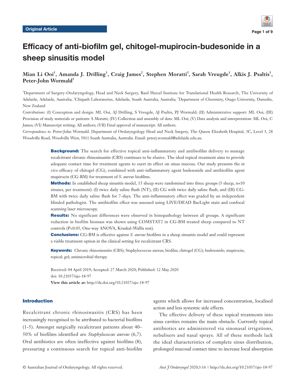 Efficacy of Anti-Biofilm Gel, Chitogel-Mupirocin-Budesonide in a Sheep Sinusitis Model