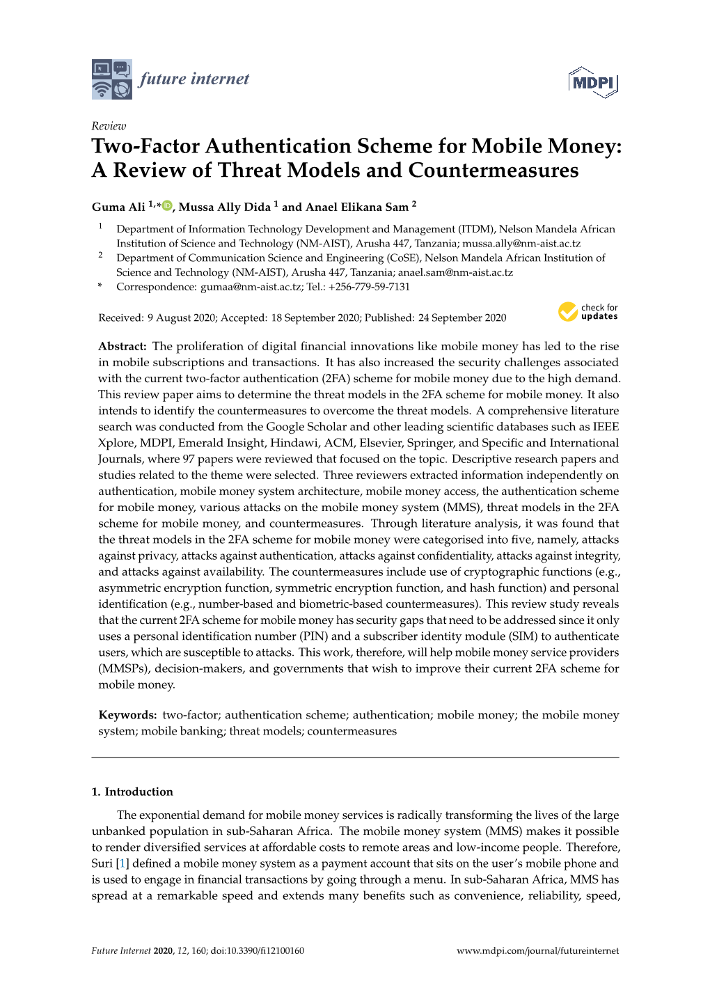 Two-Factor Authentication Scheme for Mobile Money: a Review of Threat Models and Countermeasures