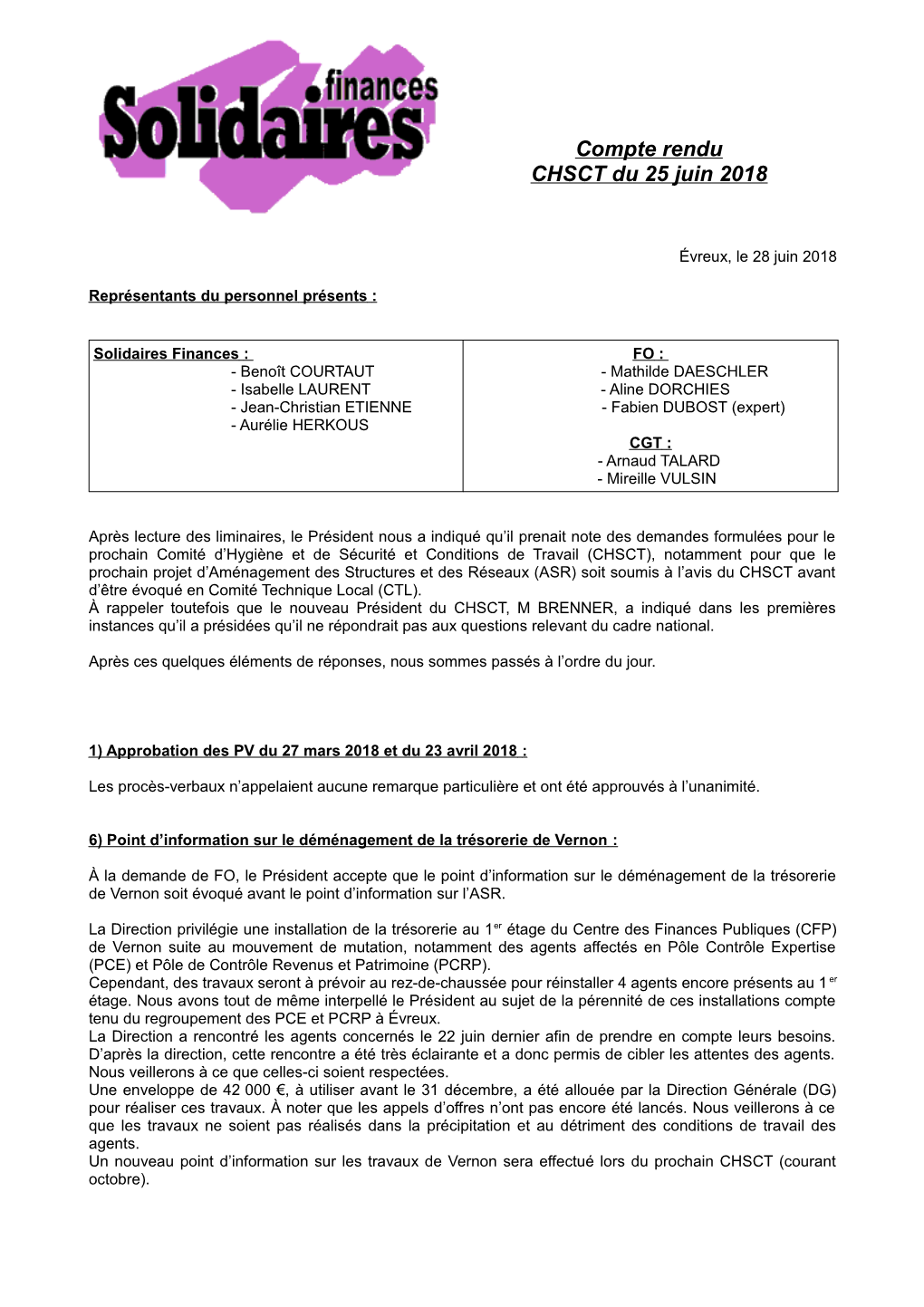 Compte Rendu CHSCT Du 25 Juin 2018