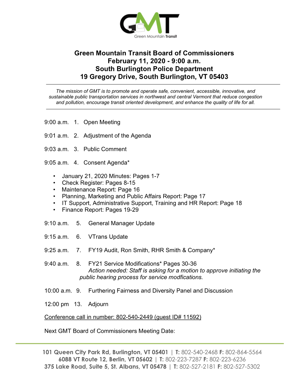 Green Mountain Transit Board of Commissioners February 11, 2020 - 9:00 A.M