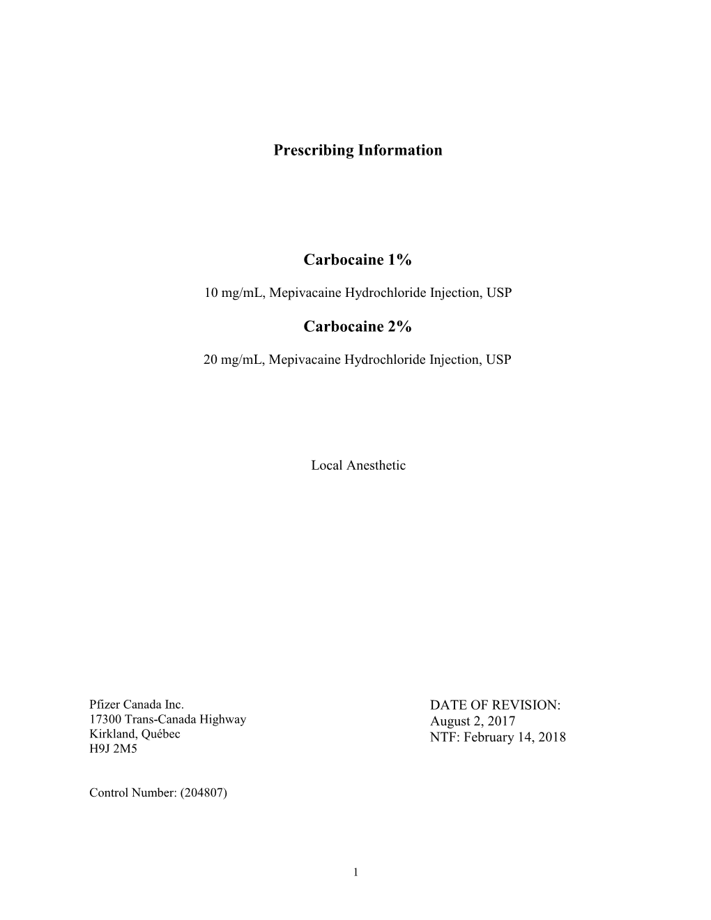 Prescribing Information Carbocaine 1%