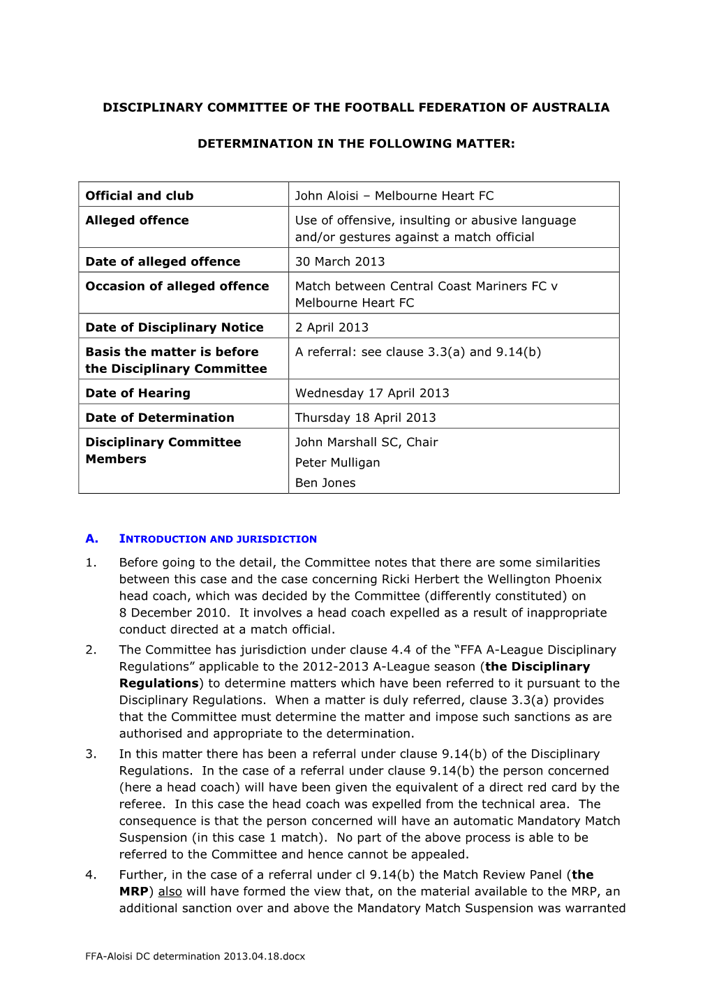 Disciplinary Committee of the Football Federation of Australia