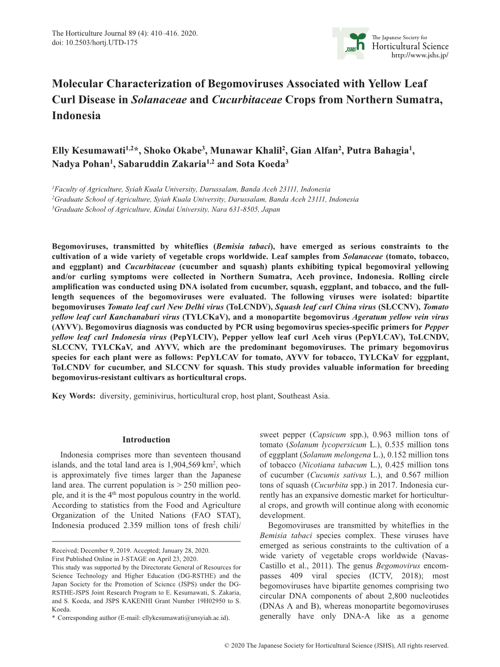 Molecular Characterization of Begomoviruses Associated with Yellow Leaf Curl Disease in Solanaceae and Cucurbitaceae Crops from Northern Sumatra, Indonesia