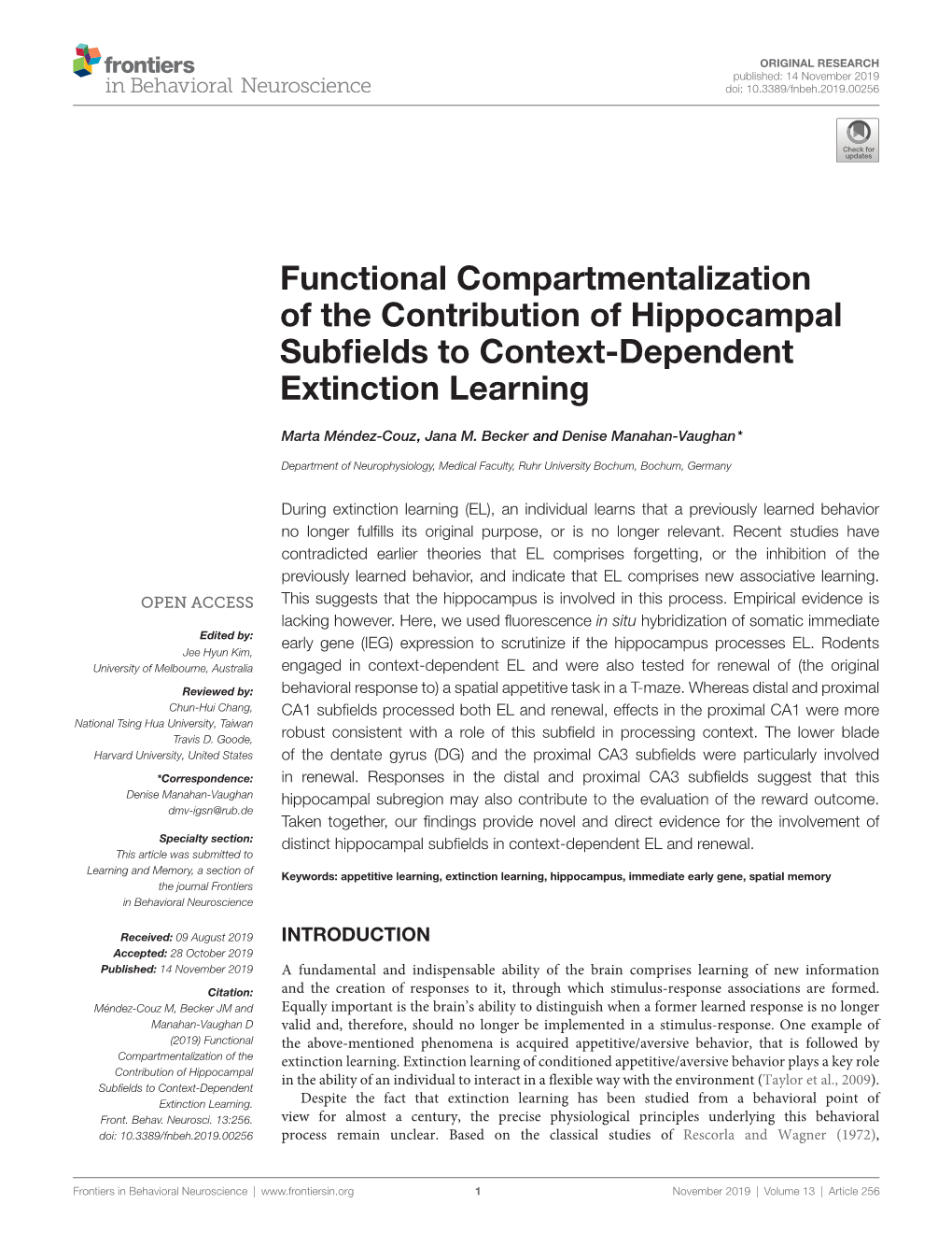 Functional Compartmentalization of the Contribution of Hippocampal Subﬁelds to Context-Dependent Extinction Learning