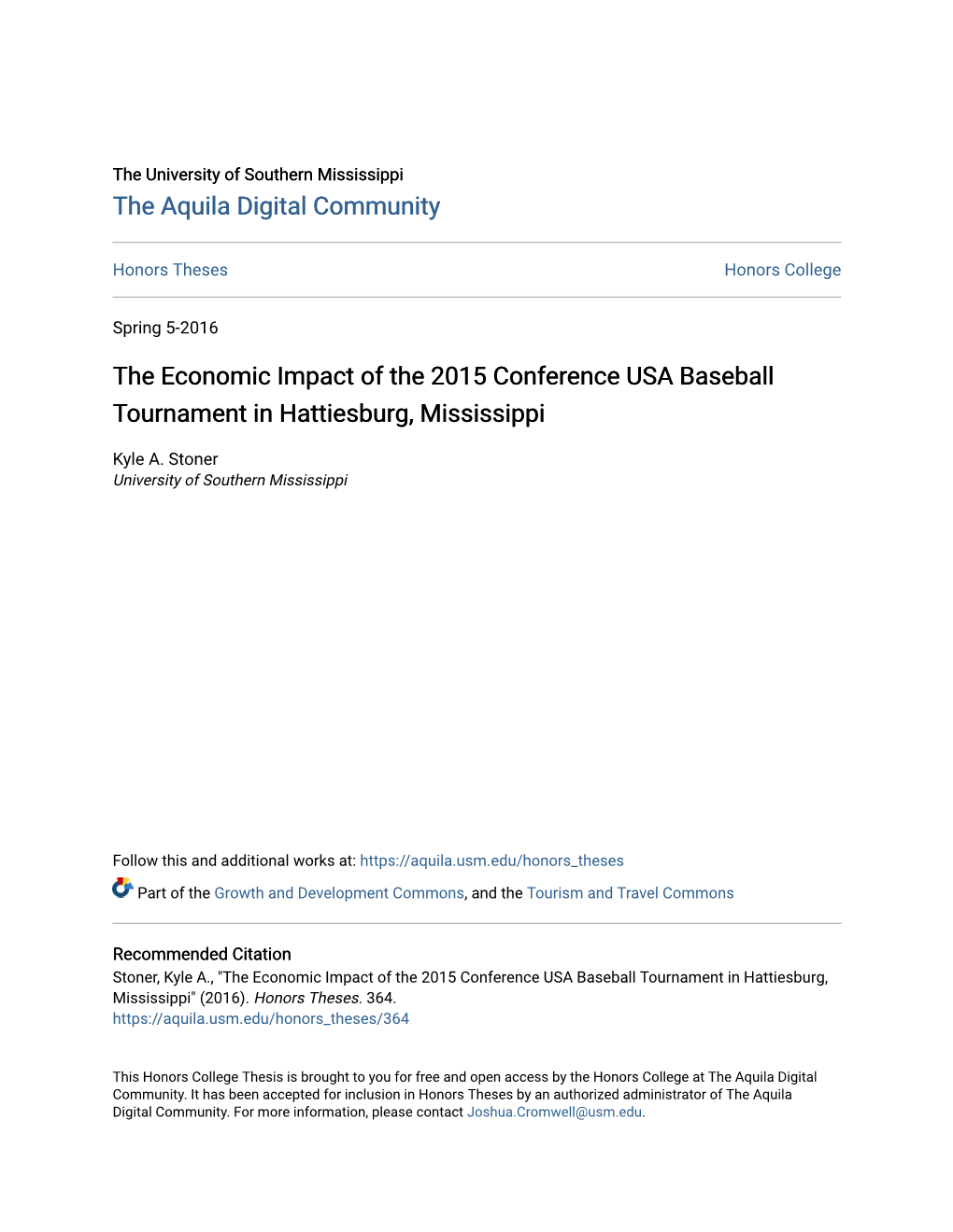 The Economic Impact of the 2015 Conference USA Baseball Tournament in Hattiesburg, Mississippi