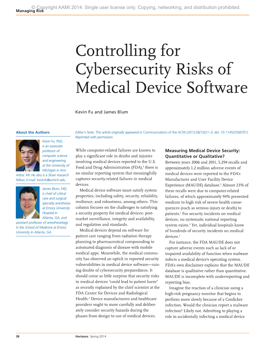 Controlling for Cybersecurity Risks of Medical Device Software