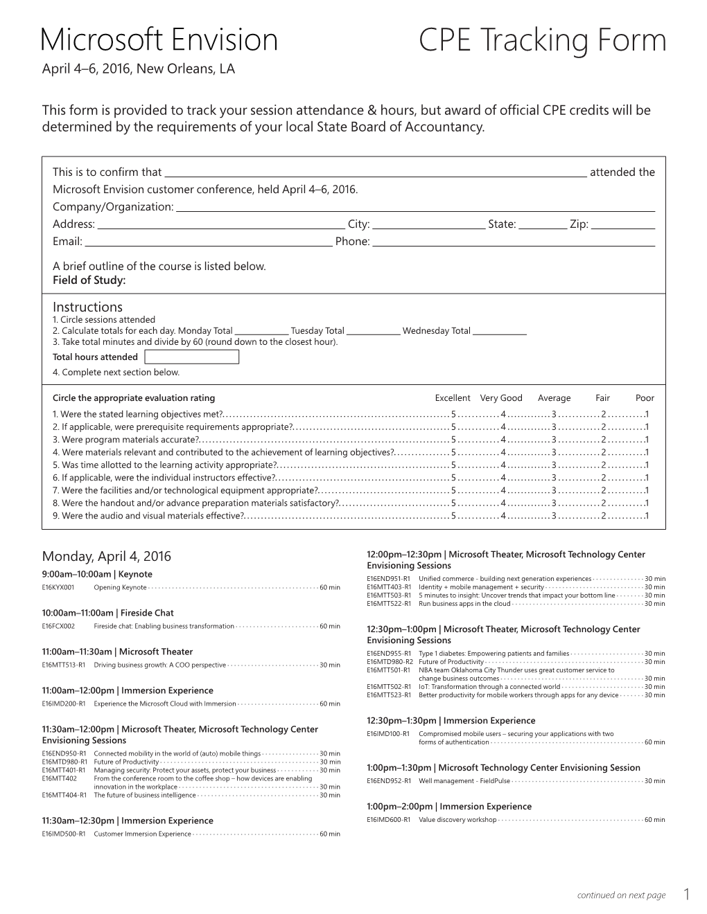 CPE Tracking Form April 4–6, 2016, New Orleans, LA