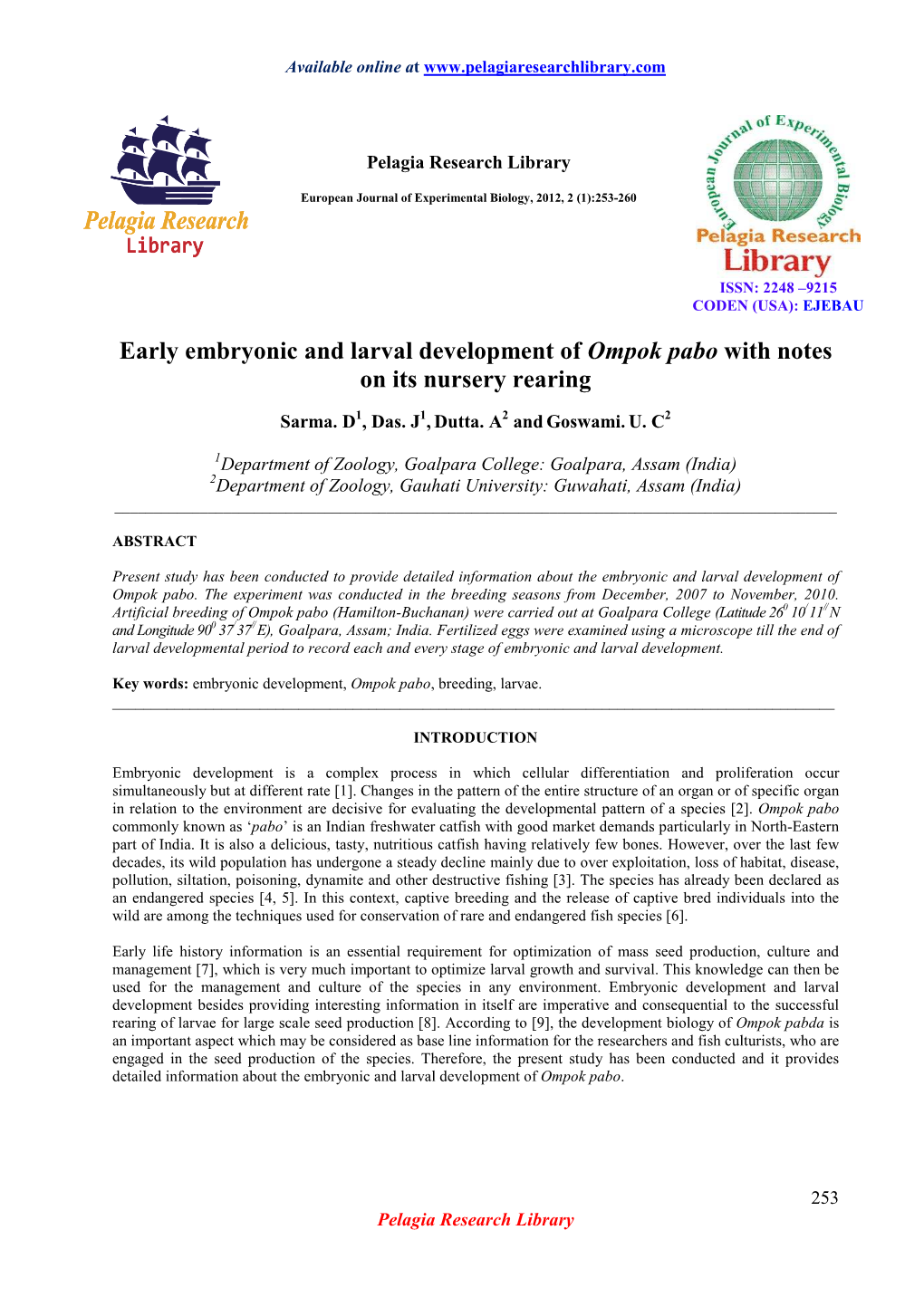 Early Embryonic and Larval Development of Ompok Pabo with Notes on Its Nursery Rearing