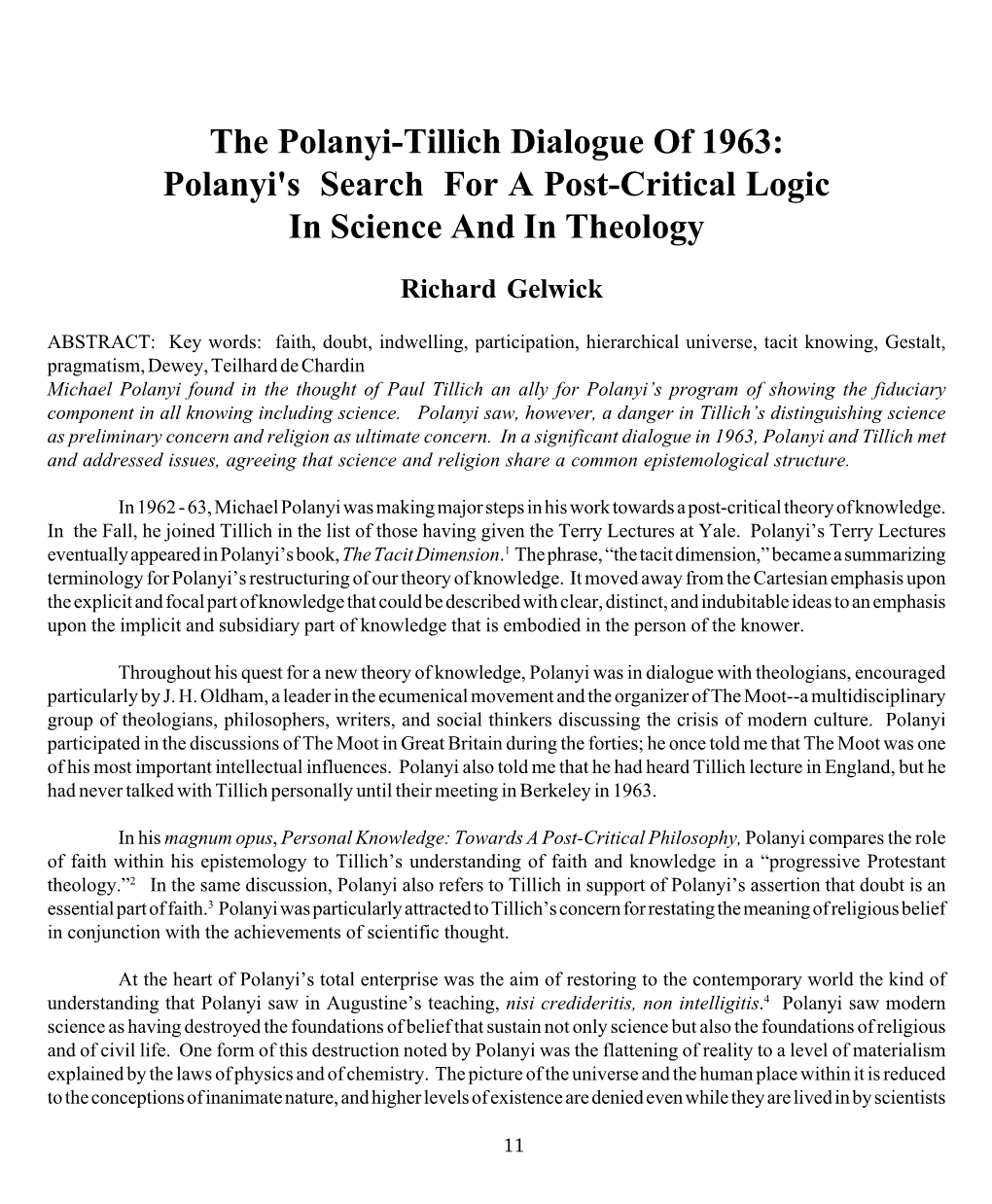 The Polanyi-Tillich Dialogue of 1963: Polanyi's Search for a Post-Critical Logic in Science and in Theology