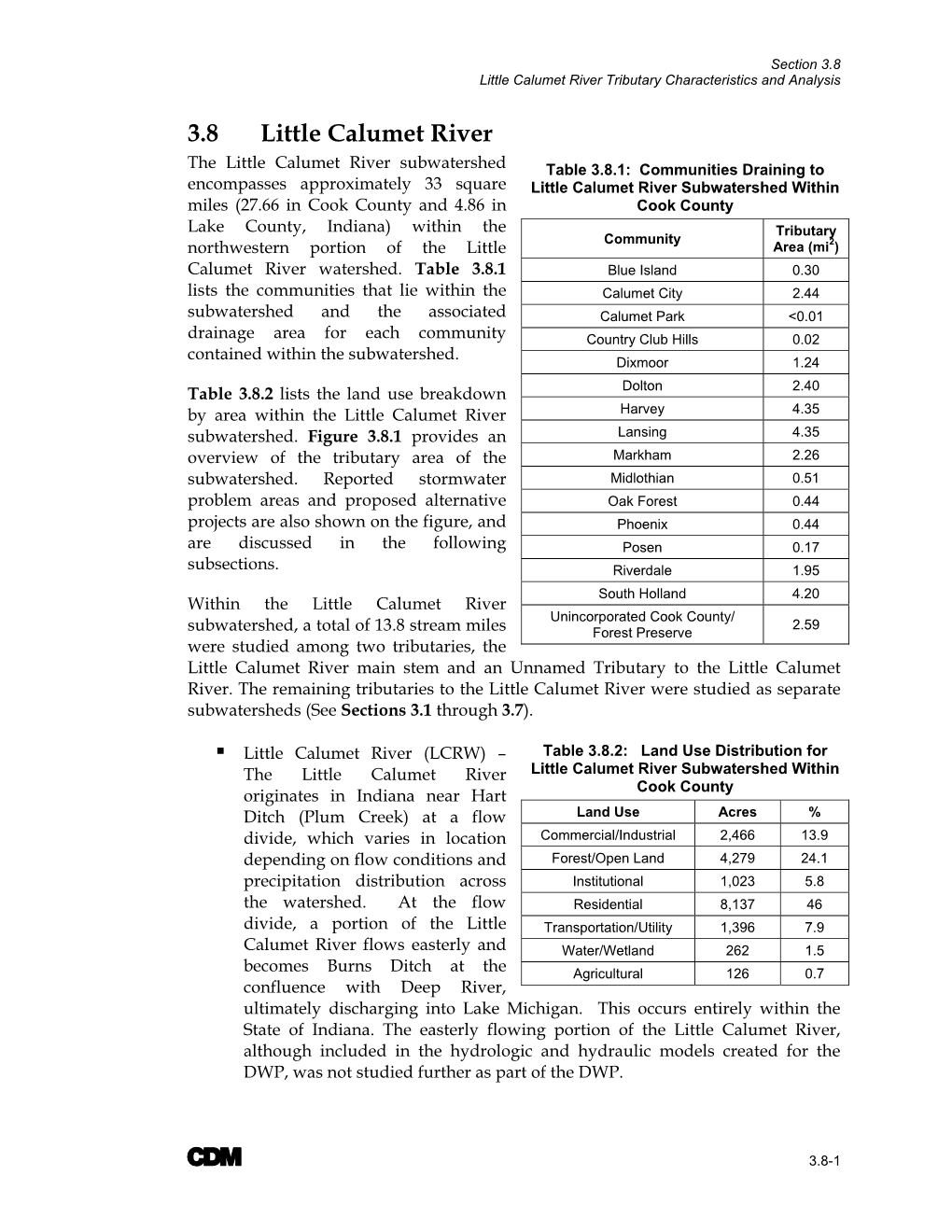 Section 3.8 Little Calumet River Tributary Characteristics and Analysis