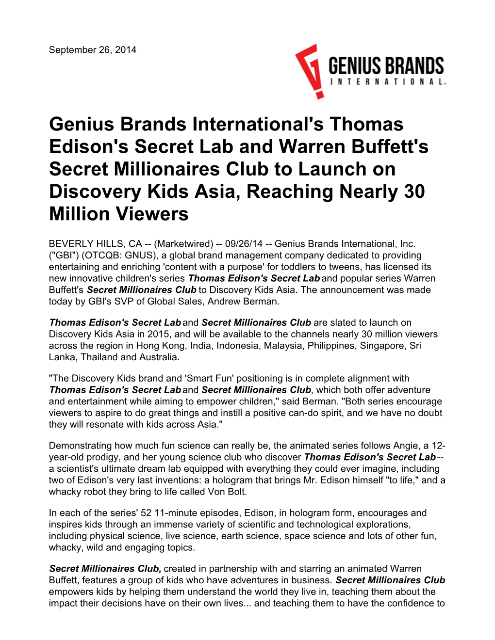 Genius Brands International's Thomas Edison's Secret Lab and Warren Buffett's Secret Millionaires Club to Launch on Discovery Ki