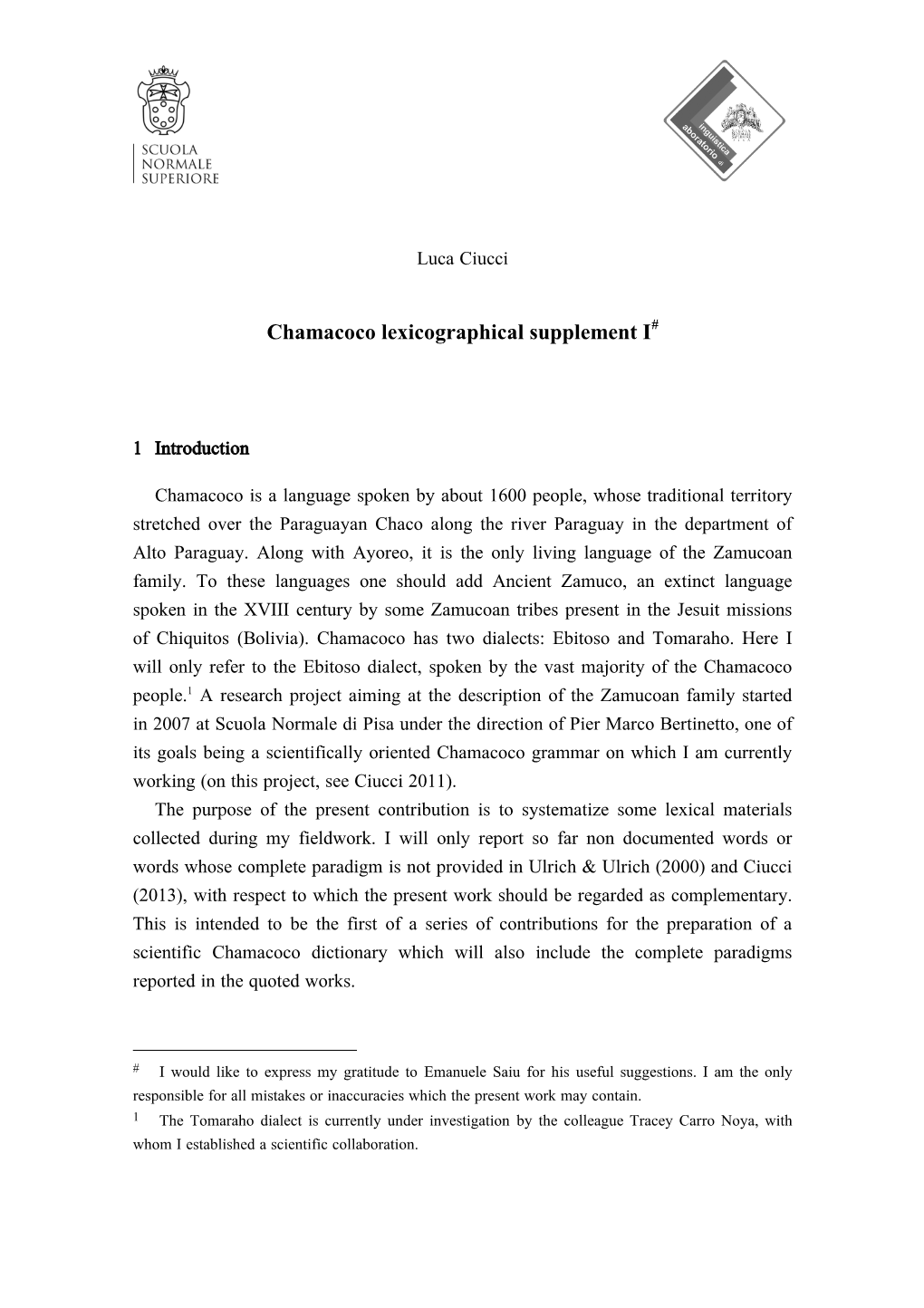 Chamacoco Lexicographical Supplement I