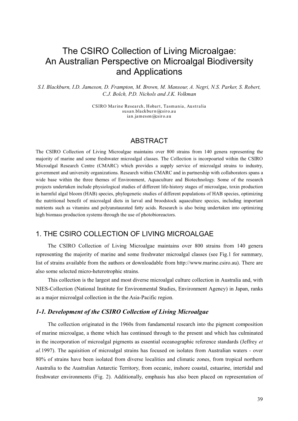 The CSIRO Collection of Living Microalgae: an Australian Perspective on Microalgal Biodiversity and Applications