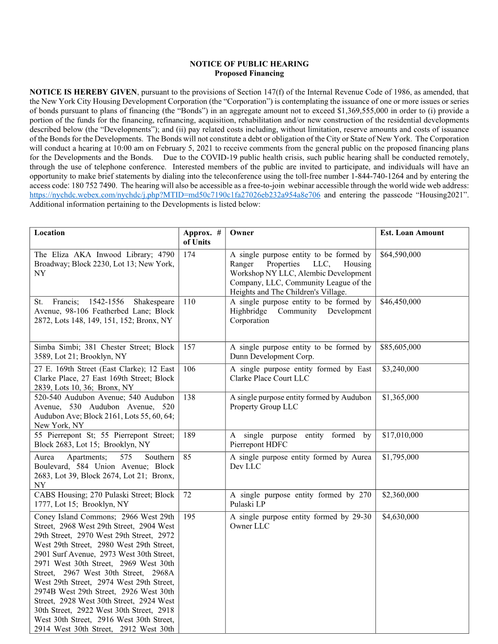 NOTICE of PUBLIC HEARING Proposed Financing