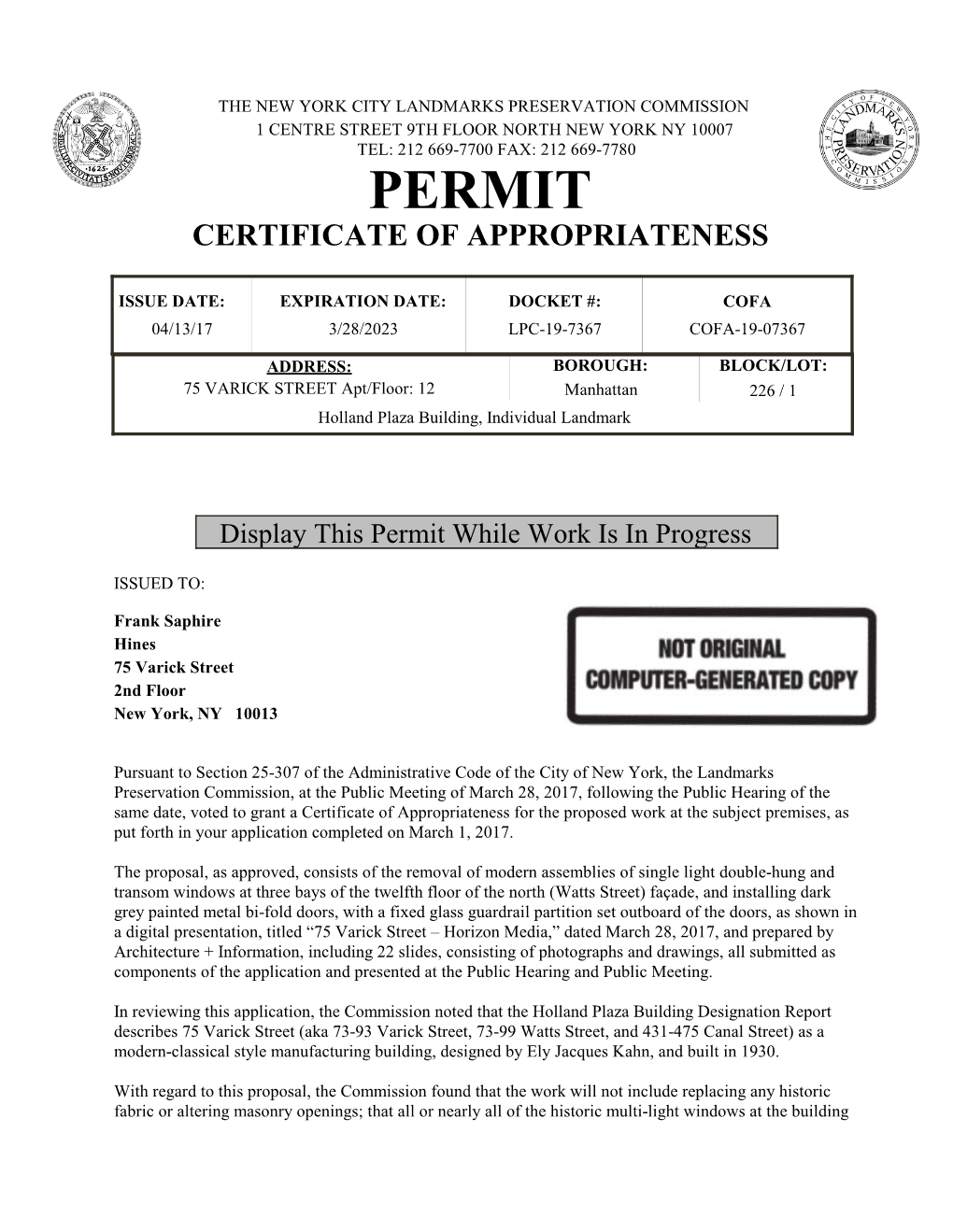 Permit Certificate of Appropriateness