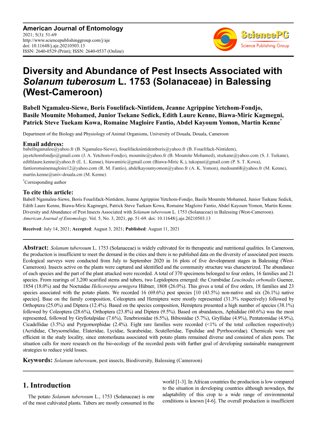 Diversity and Abundance of Pest Insects Associated with Solanum Tuberosum L