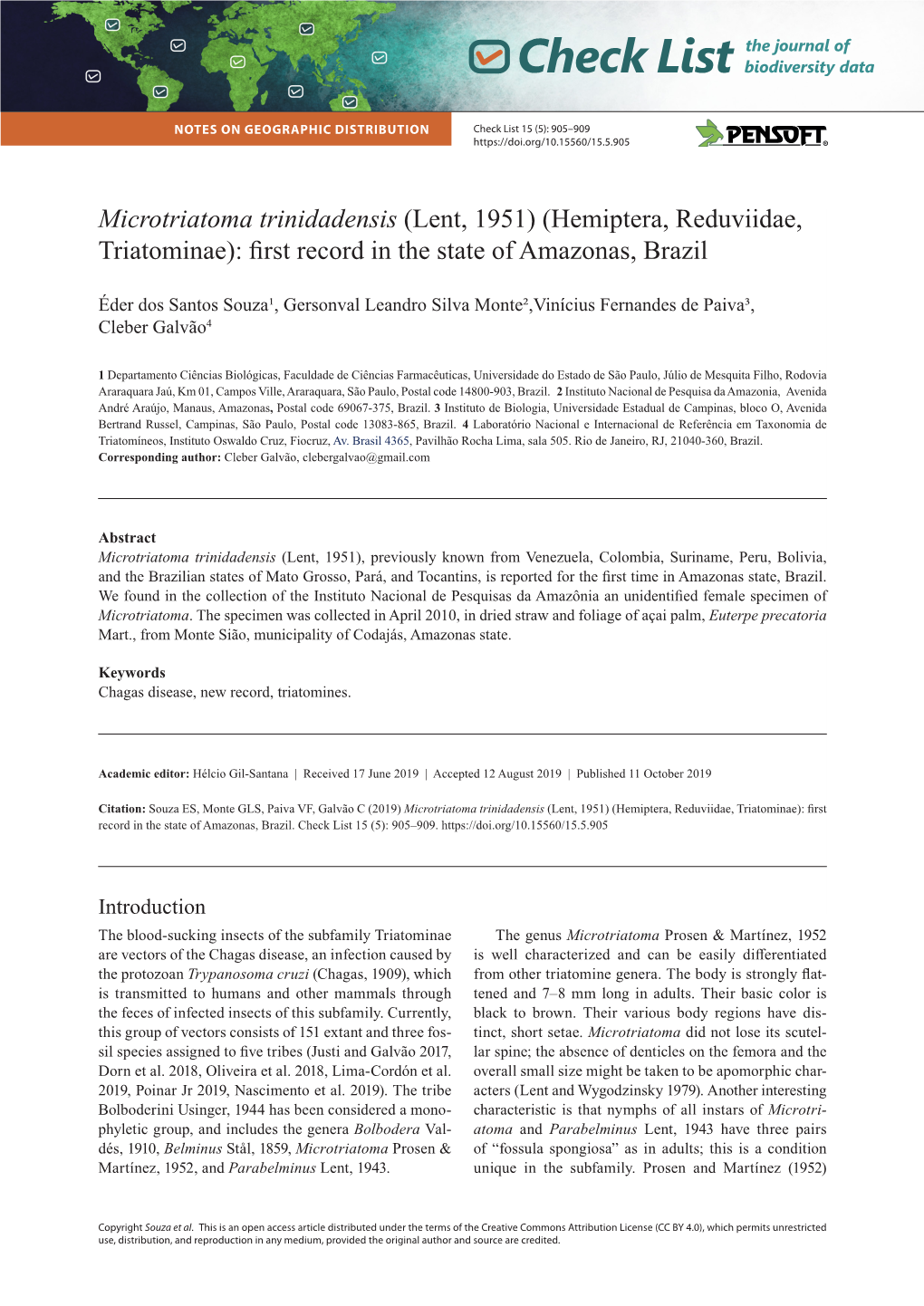 Microtriatoma Trinidadensis (Lent, 1951) (Hemiptera, Reduviidae, Triatominae): First Record in the State of Amazonas, Brazil