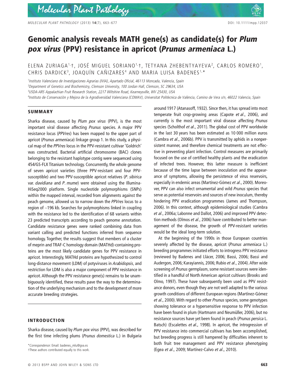 For Plum Pox Virus (PPV) Resistance in Apricot (Prunus Armeniaca L.)