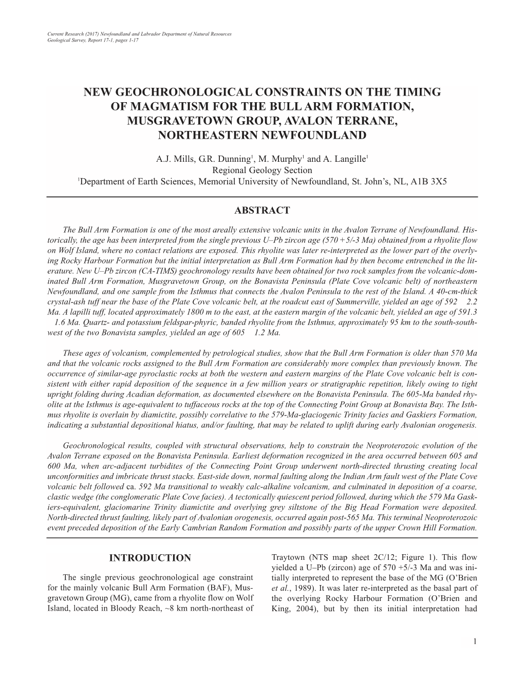 New Geochronological Constraints on the Timing of Magmatism for the Bull Arm Formation, Musgravetown Group, Avalon Terrane, Northeastern Newfoundland