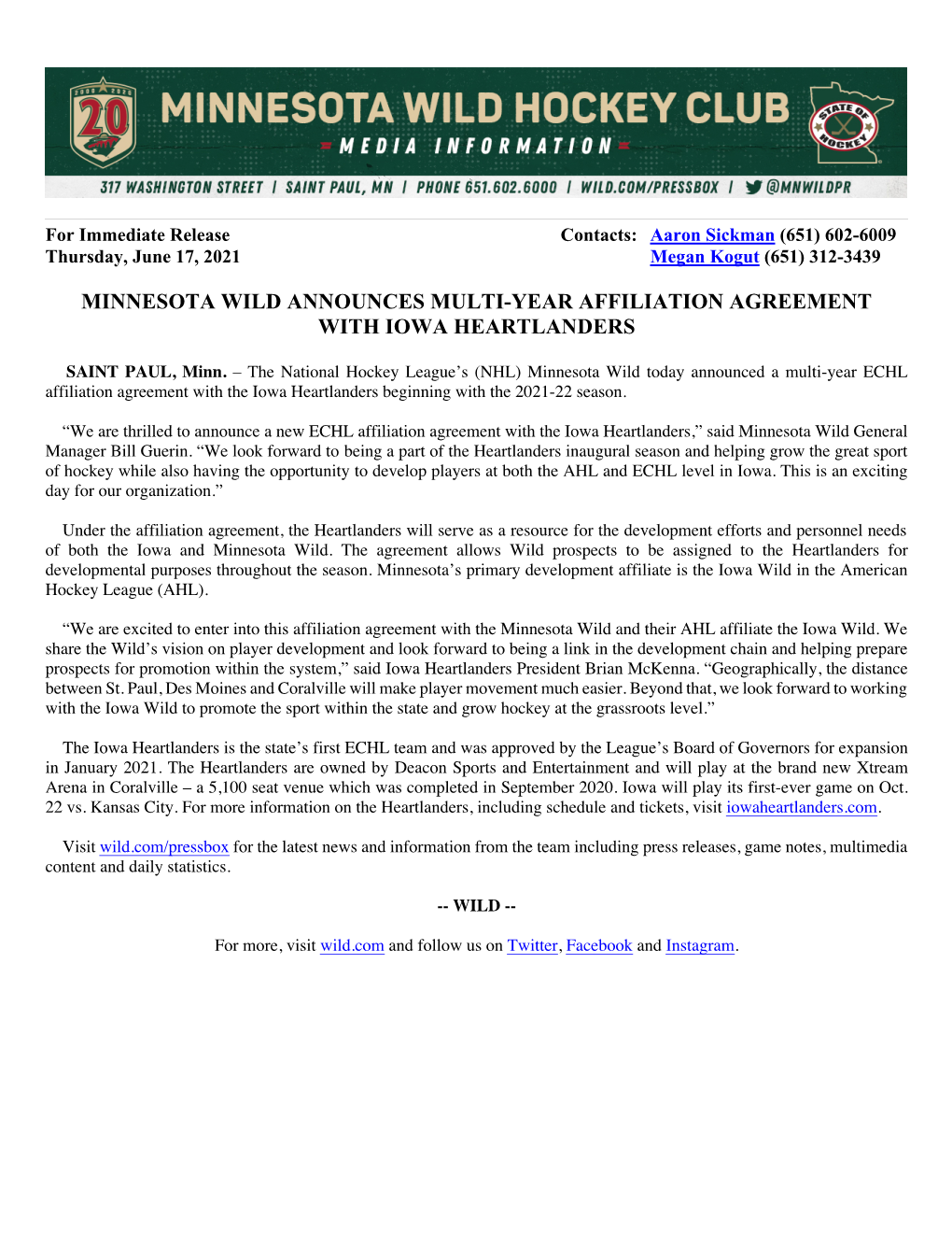 Minnesota Wild Announces Multi-Year Affiliation Agreement with Iowa Heartlanders