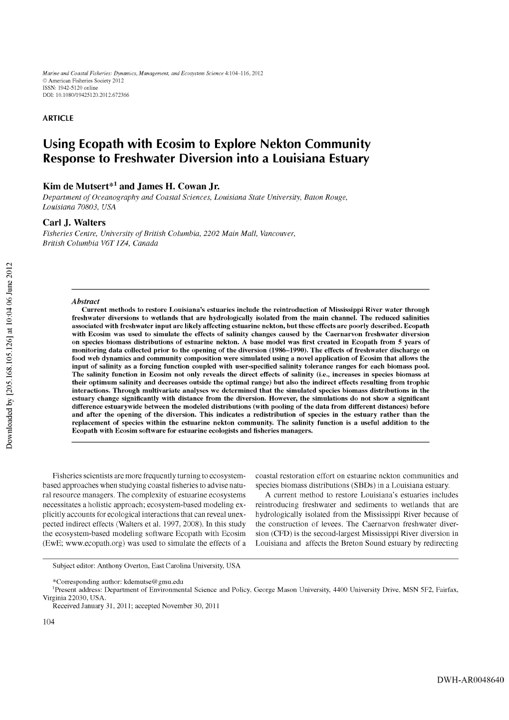 Using Ecopath with Ecosim to Explore Nekton Community Response to Freshwater Diversion Into a Louisiana Estuary